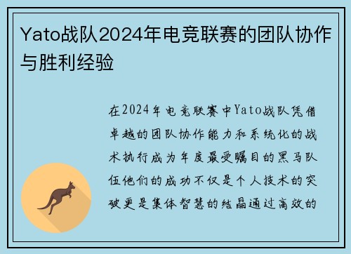 Yato战队2024年电竞联赛的团队协作与胜利经验